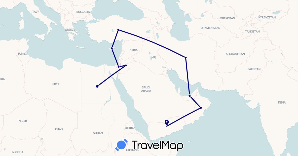 TravelMap itinerary: driving in United Arab Emirates, Cyprus, Egypt, Israel, Iran, Jordan, Oman, Turkey, Yemen (Africa, Asia)